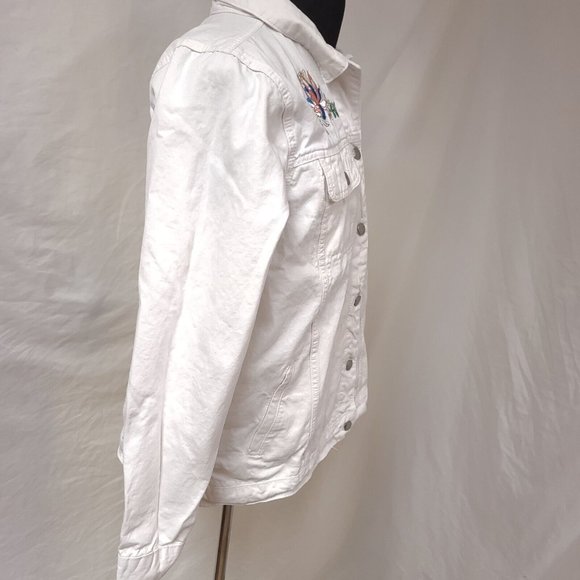 Collections Etc Womens Large Embroidered Floral Boho Art Deco White Denim Jacket - Picture 13 of 15